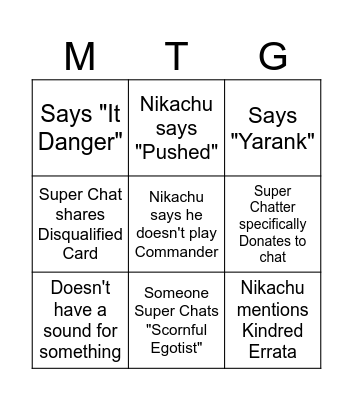 Nikachu Stream Bingo Card
