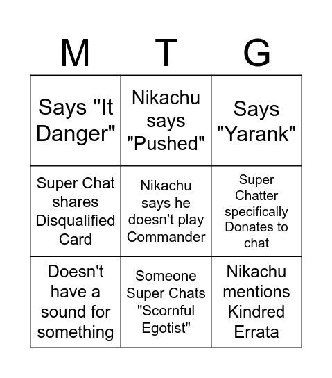 Nikachu Stream Bingo Card