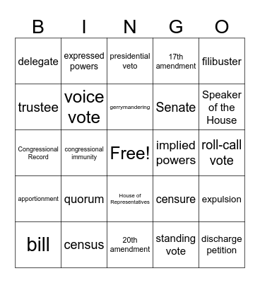 Congress:  The Legislative Branch Bingo Card