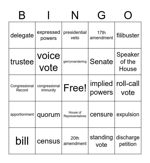 Congress:  The Legislative Branch Bingo Card