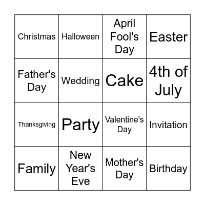 Celebrations & Holidays Bingo Card
