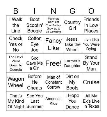 Country Music Bingo - Updated Bingo Card