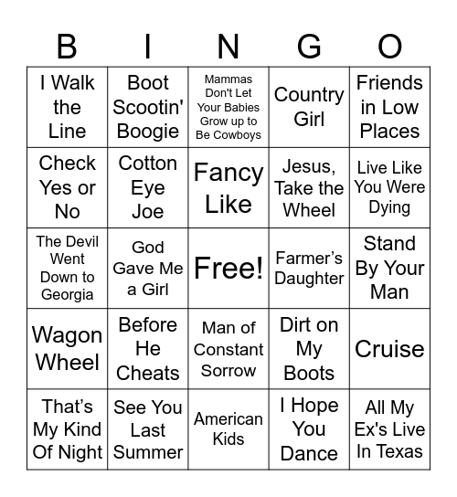 Country Music Bingo - Updated Bingo Card
