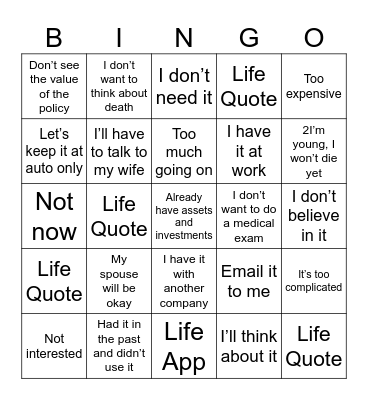 LIFE Bingo Card