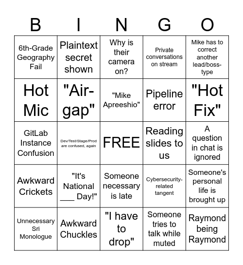 E2E Bingo Card