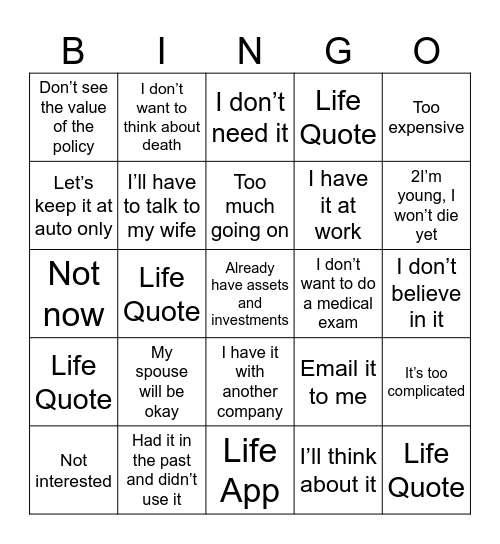 LIFE Bingo Card