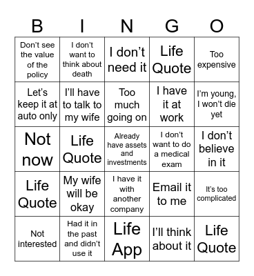 LIFE Bingo Card