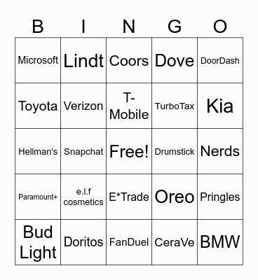 Superbowl Commercial Bingo Card