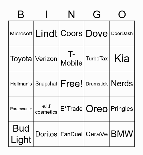 Superbowl Commercial Bingo Card