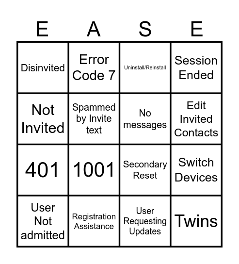 Ease T0 Bingo Card