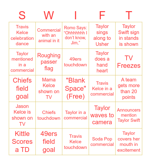 Taylor Swift Super Bowl Bingo Card