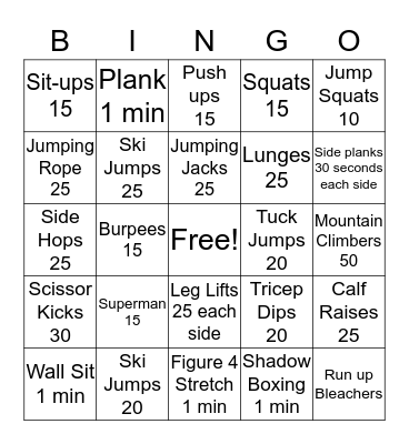 Fitness Bingo Card