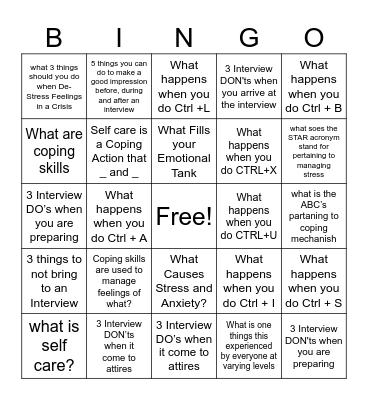 Self-care, Interview Do's & Don't, Computer Basics Bingo Card