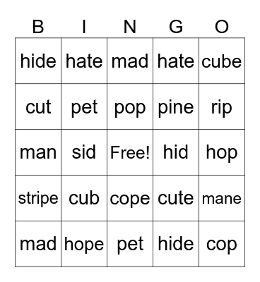Short and Long Vowels with Magic E Bingo Card