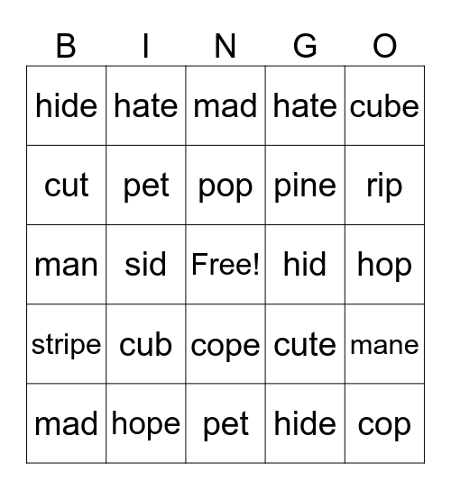 Short and Long Vowels with Magic E Bingo Card