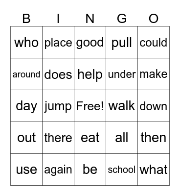 U1 sight words Bingo Card