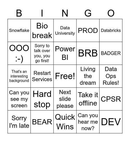 Data Operations Bingo Card