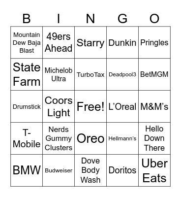 Superbowl Commercials Bingo Card