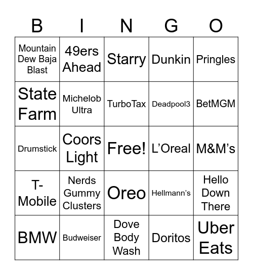 Superbowl Commercials Bingo Card