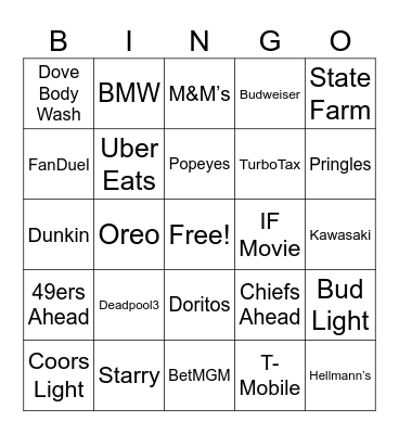 Superbowl Commercials Bingo Card