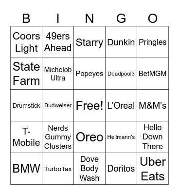 Superbowl Commercials Bingo Card