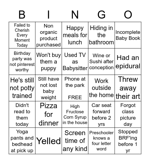 Mom Guilt Bingo Card