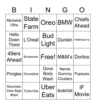 Superbowl Commercials Bingo Card