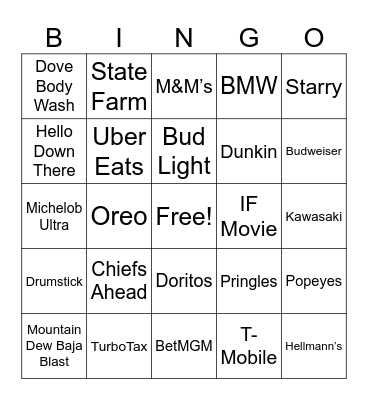 Superbowl Commercials Bingo Card