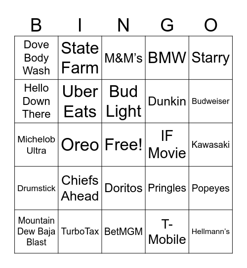 Superbowl Commercials Bingo Card