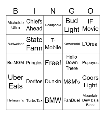 Superbowl Commercials Bingo Card