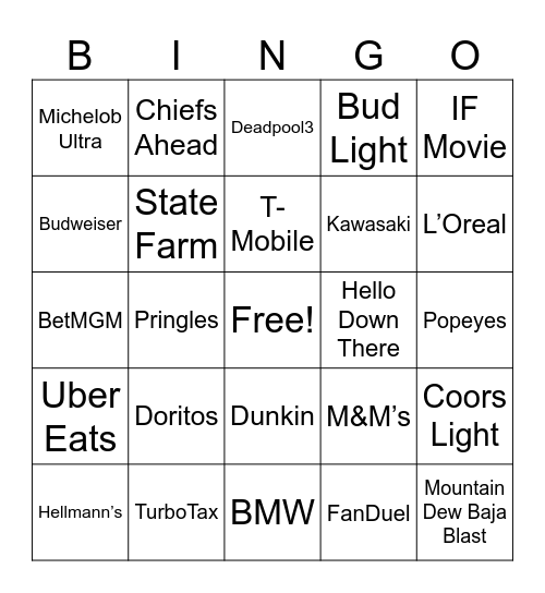 Superbowl Commercials Bingo Card