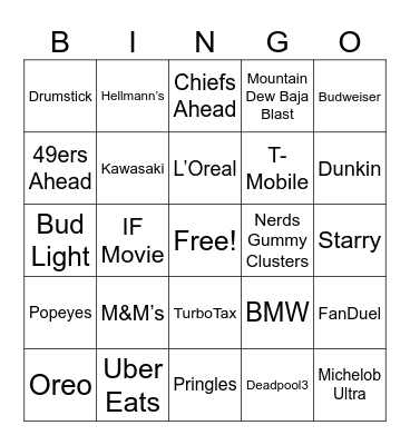 Superbowl Commercials Bingo Card