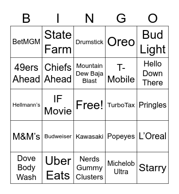 Superbowl Commercials Bingo Card