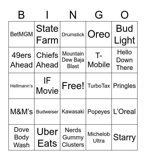 Superbowl Commercials Bingo Card