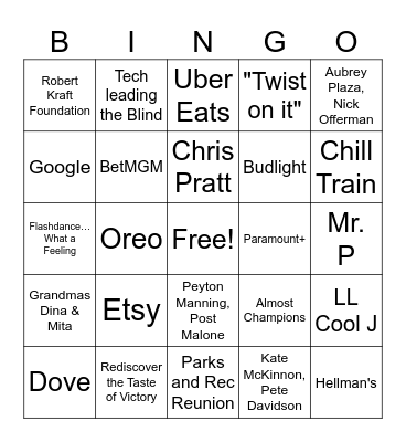 Super Bowl Commercial Bingo! Bingo Card