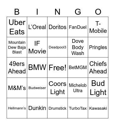 Superbowl Commercials Bingo Card