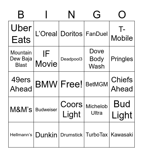 Superbowl Commercials Bingo Card