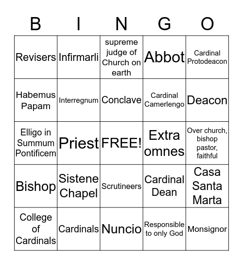 Electing a Pope Bingo Card