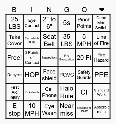 Safety Bingo Card