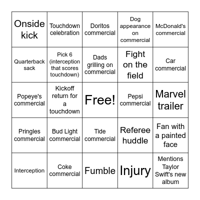 Super Bowl Bingo Card