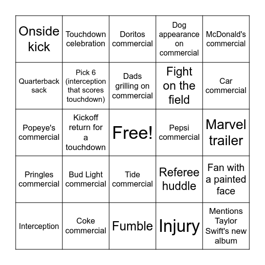 Super Bowl Bingo Card