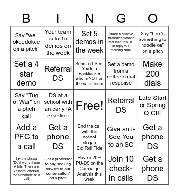 Spirit Month Bingo Card