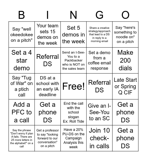 Spirit Month Bingo Card