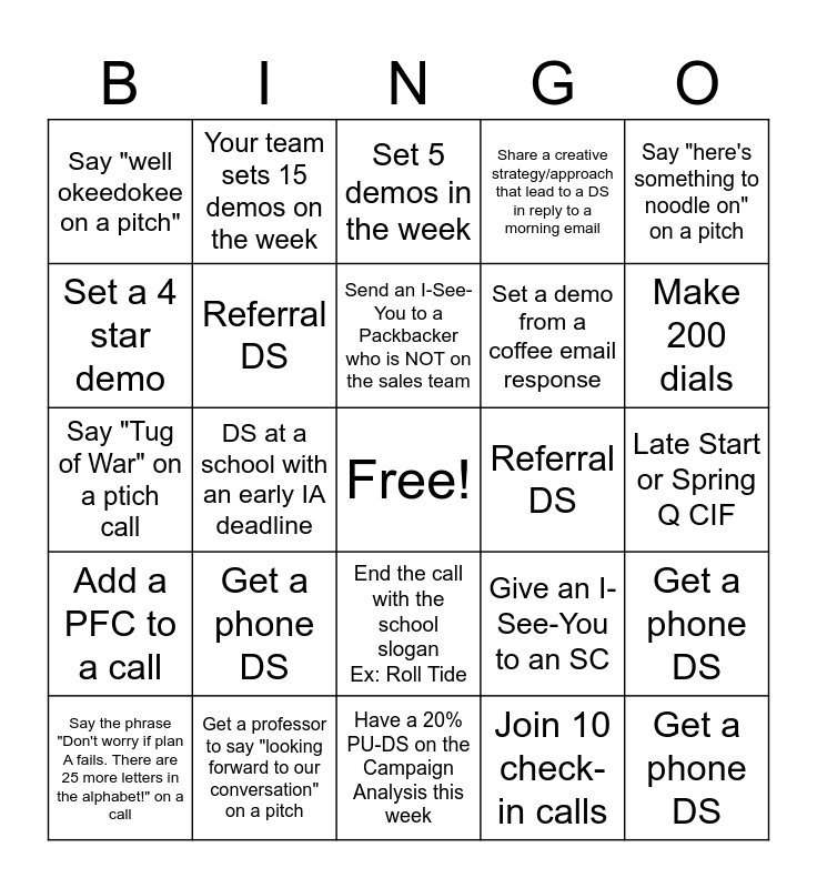 Spirit Month Bingo Card