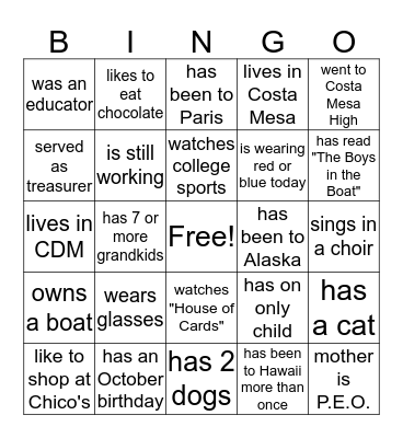 Find a Sister WHO... Bingo Card