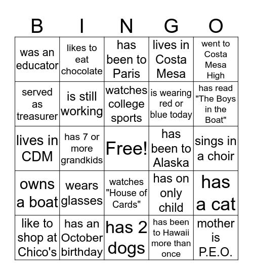 Find a Sister WHO... Bingo Card