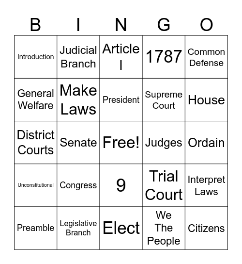US Constitution Bingo Card