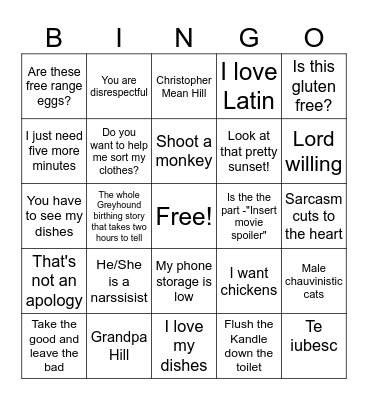 Things mother says Bingo Card