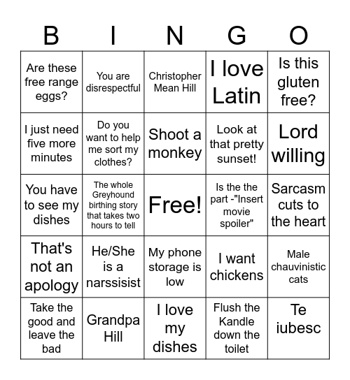 Things mother says Bingo Card