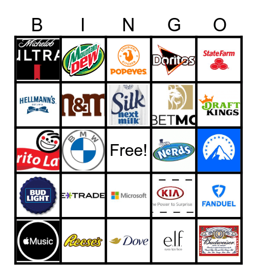 Super Bowl Ad Bingo Card